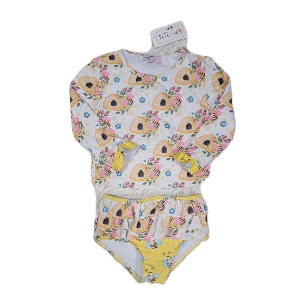 Pete And Lucy Two Piece Swimsuit Girls Size 12-18M Bumblebee Print Bathingsuit A